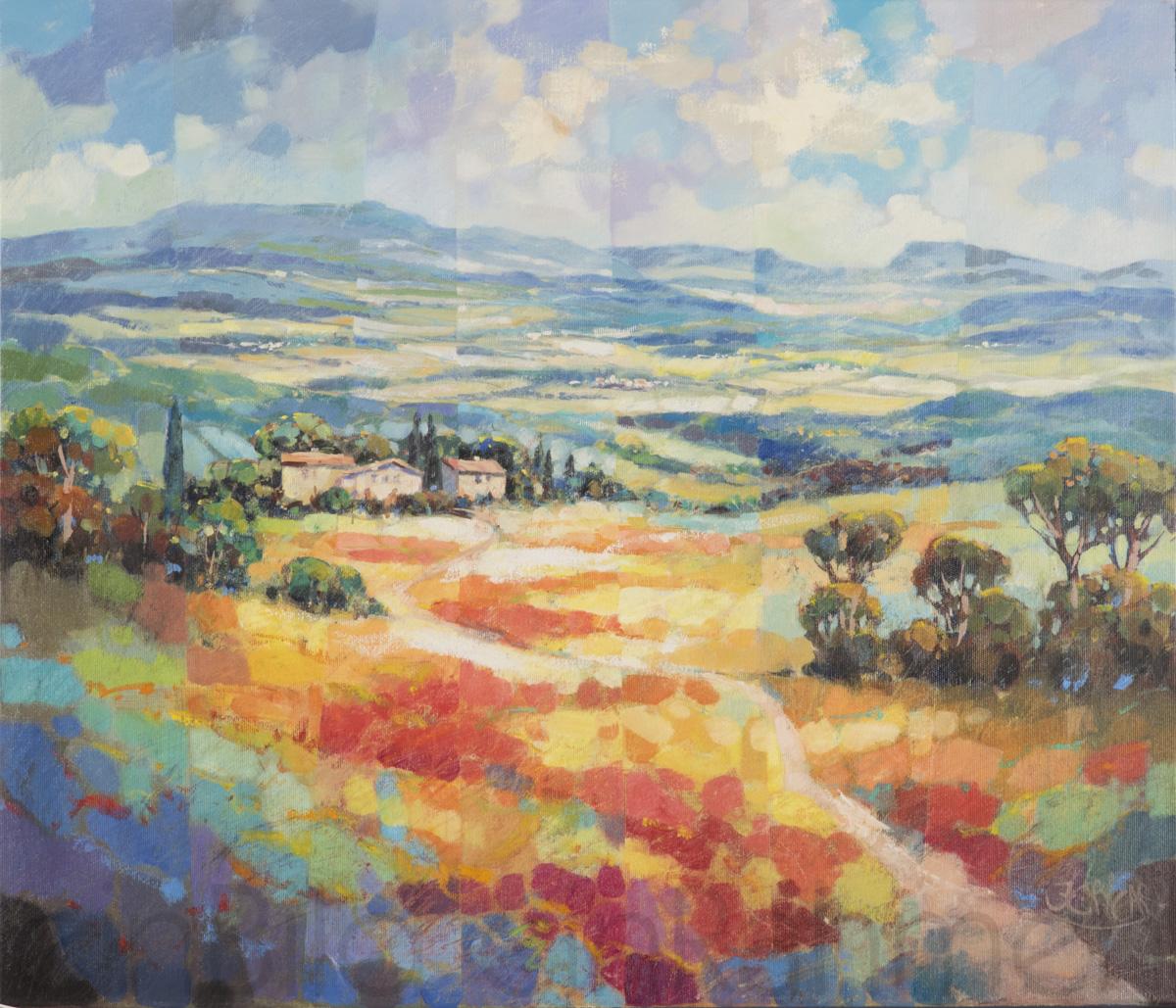 Ein Landschaftsbild des Künstlers Jean-Claude Picard als Mischtechnik aus Öl farben und Kreide auf Leinwand